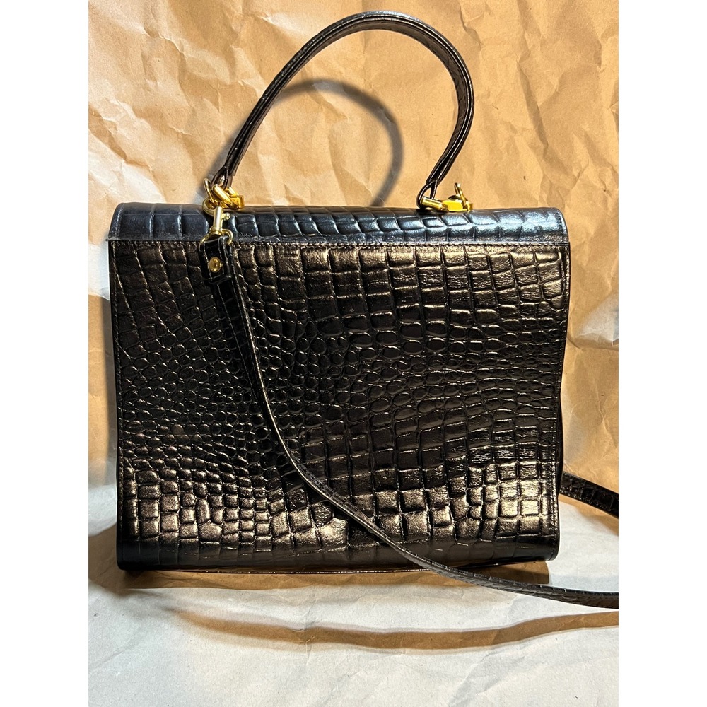 Reem Medium Top Handle Bag Black Croc Embossed Leather Vintage Gold Hardware USA - Picture 3 of 8